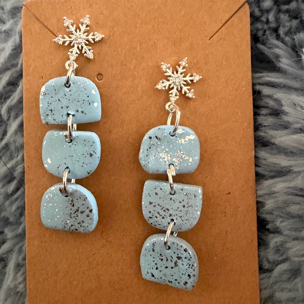 Snowflake Blue Dangle Handmade Polymer Clay Earrings